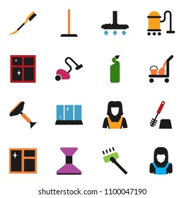 solid vector ixon set - scraper vector, cleaner trolley, vacuum, mop, car fetlock, window cleaning, toilet brush, agent, shining, woman