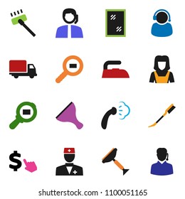 solid vector ixon set - scraper vector, vacuum cleaner, car fetlock, window cleaning, iron, steaming, woman, dollar cursor, support, delivery, cargo search, doctor