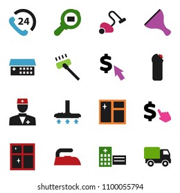 solid vector ixon set - scraper vector, vacuum cleaner, window cleaning, iron, agent, shining, dollar cursor, phone 24, cargo search, doctor, hospital building, delivery