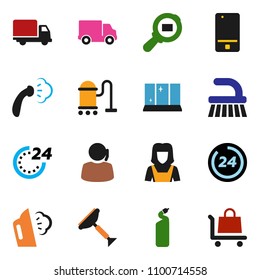 solid vector ixon set - scraper vector, vacuum cleaner, fetlock, steaming, cleaning agent, shining window, woman, support, delivery, cargo search, mobile phone, 24 hour, trolley