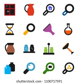 solid vector ixon set - scraper vector, shining window, spices, jug, jar, cargo search, flask, magnifier, sand clock, estate, client