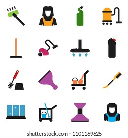 solid vector ixon set - scraper vector, cleaner trolley, vacuum, mop, car fetlock, toilet brush, cleaning agent, shining window, woman