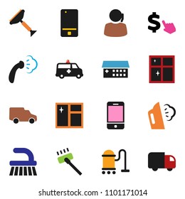 solid vector ixon set - scraper vector, vacuum cleaner, fetlock, window cleaning, steaming, shining, dollar cursor, support, car, mobile phone, hospital building, amkbulance, delivery