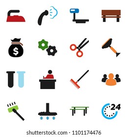 solid vector ixon set - scraper vector, vacuum cleaner, rake, iron, steaming, student, money bag, horizontal bar, big scales, group, vial, scissors, gear, bench, 24 hour