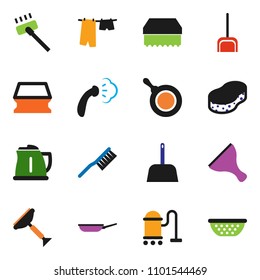 solid vector ixon set - scraper vector, vacuum cleaner, fetlock, scoop, sponge, steaming, drying clothes, pan, kettle, colander