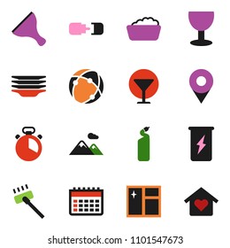 solid vector ixon set - scraper vector, vacuum cleaner, window cleaning, foam basin, agent, plates, cook timer, enegry drink, calendar, glass, connection, pin, mountain, love home