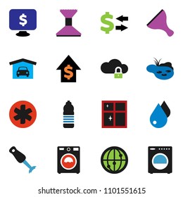 solid vector ixon set - scraper vector, water drop, car fetlock, washer, shining window, blender, exchange, dollar growth, monitor, bottle, internet, ambulance star, cloud lock, pond, garage