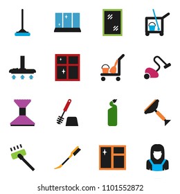solid vector ixon set - scraper vector, cleaner trolley, vacuum, mop, car fetlock, window cleaning, toilet brush, agent, shining, woman