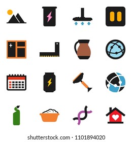 solid vector ixon set - scraper vector, vacuum cleaner, window cleaning, foam basin, agent, jug, corner ruler, enegry drink, calendar, internet, pause button, dna, connection, mountain, love home