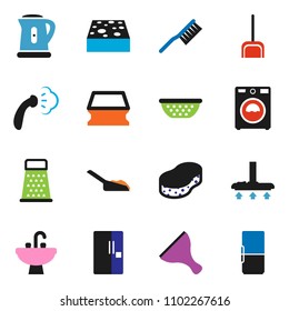 solid vector ixon set - scraper vector, vacuum cleaner, fetlock, scoop, sponge, steaming, washer, sink, kettle, colander, grater, fridge