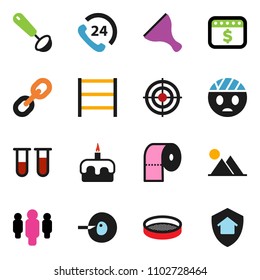 solid vector ixon set - scraper vector, toilet paper, ladle, sieve, cake, man, dollar calendar, target, phone 24, shelving, link, vial, insemination, head bandage, mountain, home protect