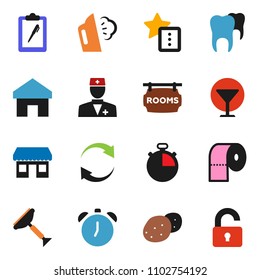 solid vector ixon set - scraper vector, steaming, toilet paper, potato, alarm clock, stopwatch, office, clipboard, glass, doctor, tooth, home, favorites, refresh, rooms signboard, unlock