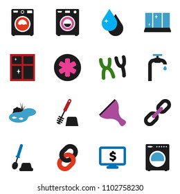 solid vector ixon set - scraper vector, water drop, toilet brush, washer, shining window, monitor dollar, ambulance star, chromosomes, chain, pond, supply