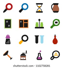 solid vector ixon set - scraper vector, window cleaning, oil, hand mill, spices, jug, magnifier, cargo search, flask, vial, sand clock, client