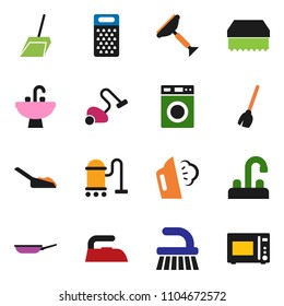 solid vector ixon set - scraper vector, broom, vacuum cleaner, fetlock, scoop, sponge, iron, steaming, washer, sink, water tap, pan, grater, microwave oven