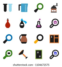 solid vector ixon set - scraper vector, window cleaning, oil, measuring cup, hand mill, jug, magnifier, cargo search, flask, vial, potion, estate
