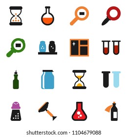 solid vector ixon set - scraper vector, window cleaning, hand mill, spices, jar, oil, magnifier, flask, cargo search, vial, sand clock, potion