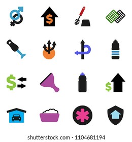 solid vector ixon set - scraper vector, toilet brush, foam basin, blender, exchange, dollar growth, water bottle, route, ambulance star, gender sign, pills blister, arrow, garage, home protect
