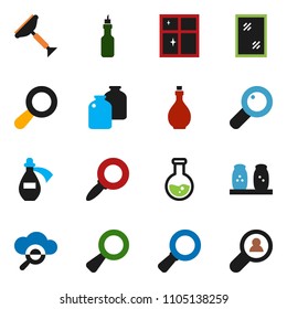 solid vector ixon set - scraper vector, window cleaning, shining, oil, spices, jar, magnifier, flask, potion, cloud glass, client search