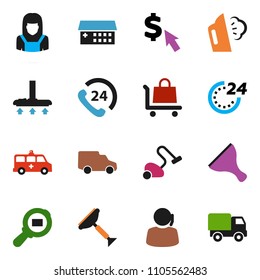 solid vector ixon set - scraper vector, vacuum cleaner, steaming, woman, dollar cursor, phone 24, support, car, cargo search, hospital building, amkbulance, hour, trolley, delivery