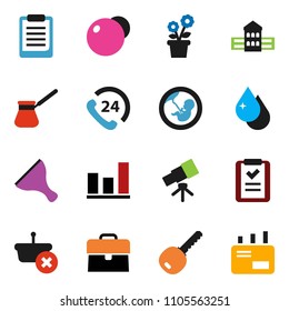 solid vector ixon set - scraper vector, water drop, turk coffee, school building, telescope, clipboard, graph, case, fitball, phone 24, pregnancy, key, flower in pot, basket, shopping list, mail