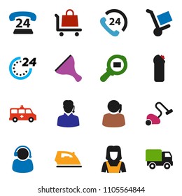 solid vector ixon set - scraper vector, vacuum cleaner, iron, cleaning agent, woman, phone 24, support, cargo search, amkbulance car, hour, trolley, delivery