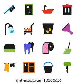 solid vector ixon set - scraper vector, cleaner trolley, fetlock, scoop, bucket, sponge, trash bin, window cleaning, bath, drying clothes, toilet paper, shower, tooth, implant