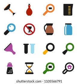 solid vector ixon set - scraper vector, oil, measuring cup, hand mill, jug, jar, no alcohol sign, cargo search, vial, magnifier, sand clock, estate
