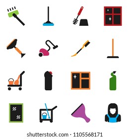 solid vector ixon set - scraper vector, cleaner trolley, vacuum, mop, car fetlock, window cleaning, toilet brush, agent, shining, woman