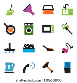 solid vector ixon set - scraper vector, vacuum cleaner, scoop, sponge, steaming, washer, sink, pan, kettle, microwave oven, fridge