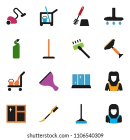 solid vector ixon set - scraper vector, cleaner trolley, vacuum, mop, car fetlock, window cleaning, toilet brush, agent, shining, woman