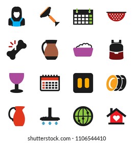 solid vector ixon set - scraper vector, vacuum cleaner, foam basin, plates, woman, colander, jug, backpack, calendar, glass, internet, pause button, broken bone, love home