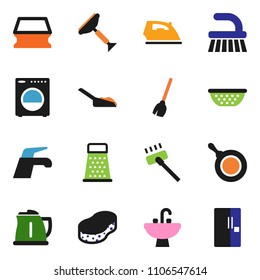 solid vector ixon set - scraper vector, broom, water tap, vacuum cleaner, fetlock, scoop, sponge, iron, sink, pan, kettle, colander, grater, washer, fridge