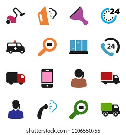 solid vector ixon set - scraper vector, vacuum cleaner, steaming, shining window, phone 24, support, delivery, cargo search, mobile, amkbulance car, hour