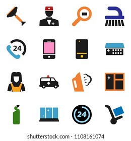 solid vector ixon set - scraper vector, fetlock, window cleaning, steaming, agent, shining, cleaner woman, phone 24, cargo search, mobile, doctor, hospital building, amkbulance car, hour, trolley