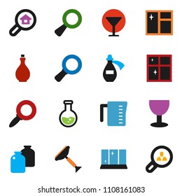 solid vector ixon set - scraper vector, window cleaning, shining, oil, measuring cup, jar, magnifier, flask, glass, potion, search estate, client