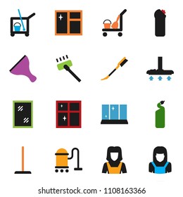 solid vector ixon set - scraper vector, cleaner trolley, vacuum, mop, car fetlock, window cleaning, agent, shining, woman