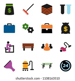 solid vector ixon set - scraper vector, vacuum cleaner, rake, student, case, horizontal bar, group, vial, big data, gear, bench, money bag, 24 hour