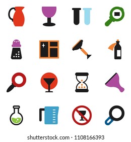 solid vector ixon set - scraper vector, window cleaning, measuring cup, hand mill, jug, magnifier, flask, no alcohol sign, glass, cargo search, vial, sand clock, potion
