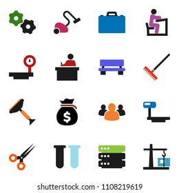 solid vector ixon set - scraper vector, vacuum cleaner, rake, student, case, money bag, big scales, group, vial, scissors, data, gear, bench, construction crane