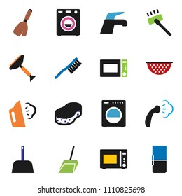 solid vector ixon set - scraper vector, broom, water tap, vacuum cleaner, fetlock, scoop, sponge, steaming, colander, microwave oven, washer, fridge