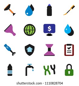 solid vector ixon set - scraper vector, water drop, car fetlock, blender, monitor dollar, bottle, internet, chromosomes, supply, home protect, shopping list, lock