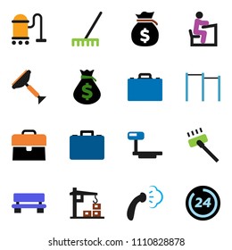 solid vector ixon set - scraper vector, vacuum cleaner, rake, steaming, student, case, money bag, horizontal bar, big scales, bench, construction crane, 24 hour