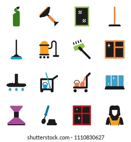 solid vector ixon set - scraper vector, cleaner trolley, vacuum, mop, car fetlock, window cleaning, toilet brush, agent, shining, woman