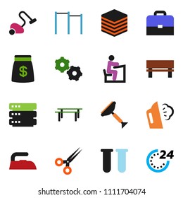 solid vector ixon set - scraper vector, vacuum cleaner, iron, steaming, student, case, horizontal bar, vial, scissors, big data, gear, bench, money bag, 24 hour