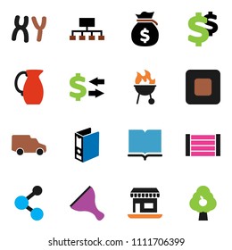 solid vector ixon set - scraper vector, bbq, jug, book, exchange, money bag, binder, hierarchy, dollar sign, molecule, office, car, wood box, stop button, chromosomes, fruit tree