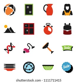 solid vector ixon set - scraper vector, vacuum cleaner, window cleaning, plates, shining, woman, colander, cook timer, jug, backpack, internet, dna, connection, mountain, sale