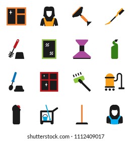 solid vector ixon set - scraper vector, cleaner trolley, vacuum, mop, car fetlock, window cleaning, toilet brush, agent, shining, woman