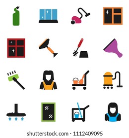 solid vector ixon set - scraper vector, cleaner trolley, vacuum, window cleaning, toilet brush, agent, shining, woman