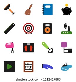 solid vector ixon set - scraper vector, broom, cook glove, ladle, mixer, copybook, ruler, abacus, piggy bank, target, scales, speaker, play button, router, hierarchy, pond